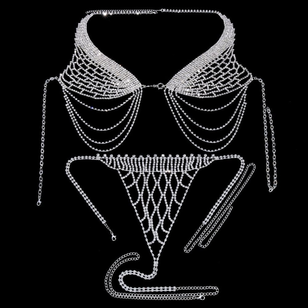 Tassel Underwear Rhinestone Bra Thong Lingerie Body Chain Bikini Body Jewelry - Picture 4 of 7